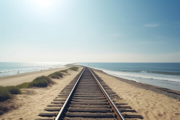 A railroad track along the beach and ocean on a sunny day