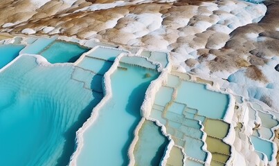  a large body of water surrounded by mountains and rocks with blue and green water in the middle of the water, and a few patches of brown and white rocks in the water.  generative ai