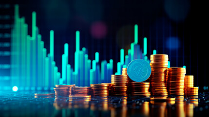 A 3D coin background with a blue finance graph and investment bar, showcasing growth and success in the market with technology and currency reports. Generative AI