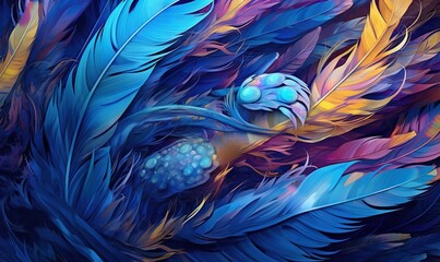  a painting of a blue and yellow feather with a white ball in the middle of it's feathers, with a blue and yellow background.  generative ai