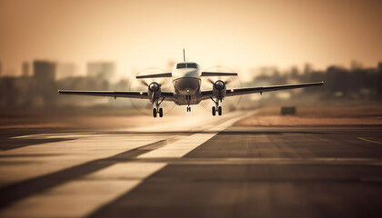 Commercial airplane taking off at dusk, mid air journey generated by AI