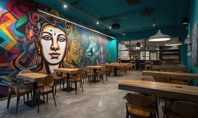  a restaurant with a mural of a woman's face on the wall and wooden tables and chairs in front of the tables and chairs.  generative ai