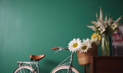  a bicycle parked next to a vase with flowers in it on a table next to a shelf with magazines and a vase with flowers in it.  generative ai