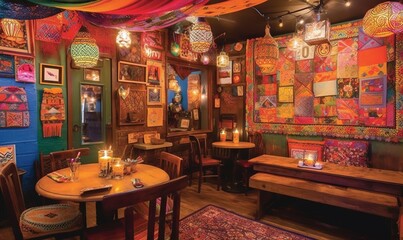  a restaurant with a lot of colorful artwork on the walls and a table with a candle on it and a rug on the floor and a rug on the floor.  generative ai