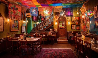 Fototapeta na wymiar a restaurant with a colorful ceiling and a staircase leading up to the second floor of the room with tables and chairs and a rug on the floor. generative ai