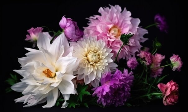  a bunch of flowers that are in a vase on a table with a black background in the middle of the picture is a bunch of pink, white, purple, pink, and yellow, and white flowers.  generative ai