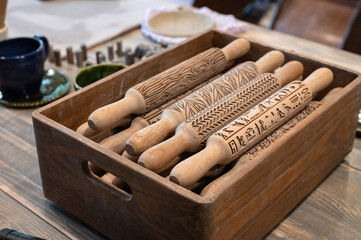 Wooden Curly rolling Pins for clay in a box