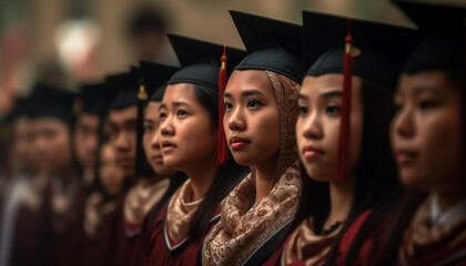 Smiling young women in graduation gowns celebrate success generated by AI