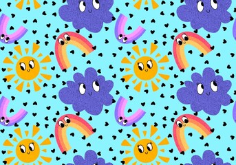 Retro summer cartoon seamless sun and rainbow and clouds pattern for wrapping paper and kids clothes print
