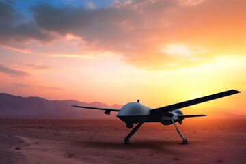 Naklejka na ściany i meble Unmanned military drone on patrol air territory at high altitude at sunset. UAV drone. AI