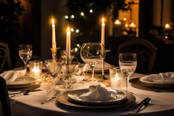 Elegant candlelight dinner table by night. AI