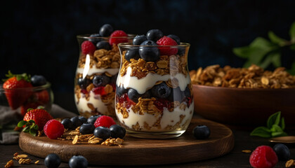 Gourmet parfait with fresh berries and granola generated by AI
