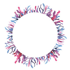 Fototapeta na wymiar Hand drawn round multicolored watercolor sea coral frame. Circle wreath with blue and purple underwater algae