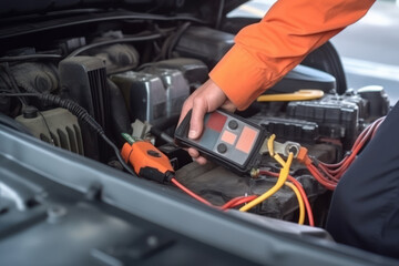 Mechanic hand charging battery car with electricity through jumper cables. AI