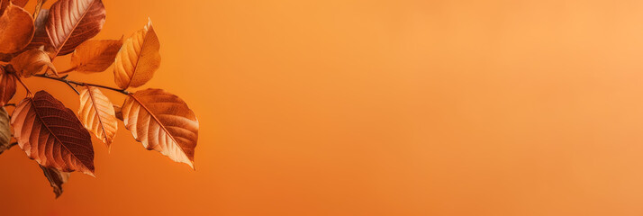 Fototapeta premium Golden autumn leaves on an orange background, natural season banner with fall foliage decoration. Card. Generative AI.