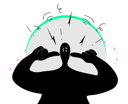 Man covers his ears with his fingers from external noise, psychological pressure and stress, vector illustration on the topic of stress resistance