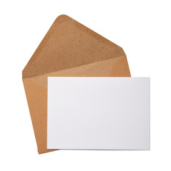 Craft envelope for letters with a blank sheet. Flat lay with a note