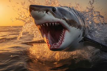 Obraz premium Great white shark leaping out of ocean at sunset. Generative AI.