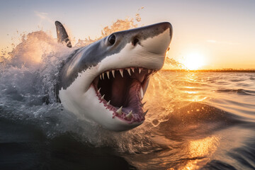 Great white shark leaping out of ocean at sunset. Generative AI.