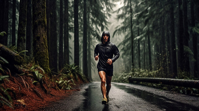 athlete runner forest trail in the rain. Generative AI