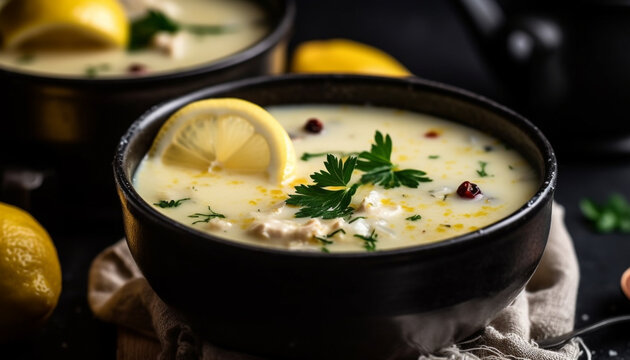 Fresh seafood chowder with garlic and herbs generated by AI