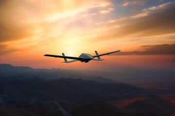 Unmanned military drone on patrol air territory at high altitude at sunset. UAV drone. AI