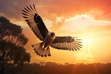 Obraz na płótnie Canvas One flying falcon in the nature background in the sunset time, digital art. AI