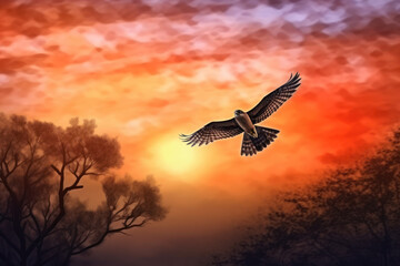 One flying falcon in the nature background in the sunset time, digital art. AI