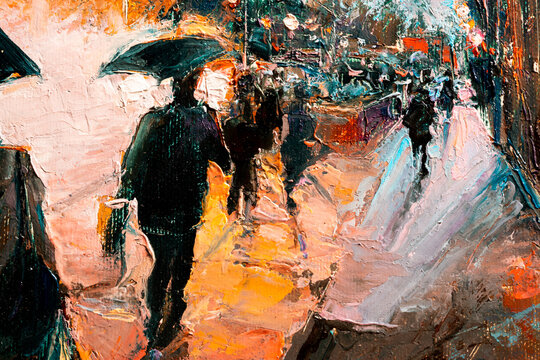 Street and people under umbrellas in the rain. Oil painting on canvas.