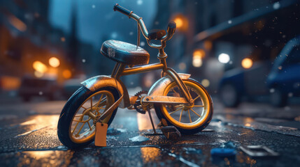 Close-up of a children's bicycle on a city street. bicycle on the roadway without a child . life insurance and protection concept.Generative AI