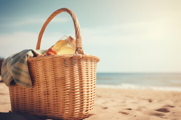 Picnic basket on sunny beach. Picnic background with bag. AI