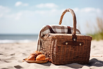 Picnic basket on sunny beach. Picnic background with bag. AI