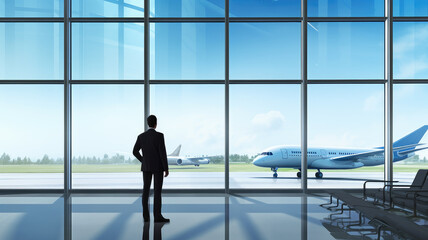 Fototapeta na wymiar businessman in airport waiting area looking at large jet coming off the ground through panoramic window. Concept of business trips.