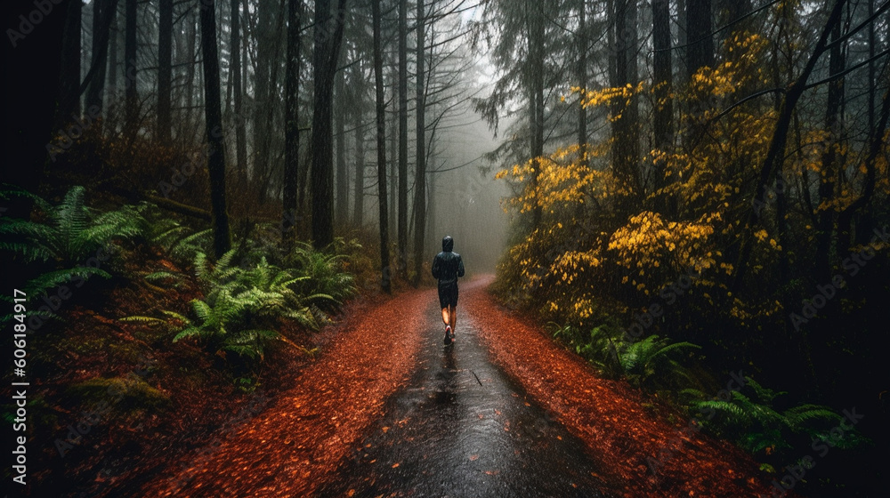 Wall mural athlete runner forest trail in the rain. generative ai