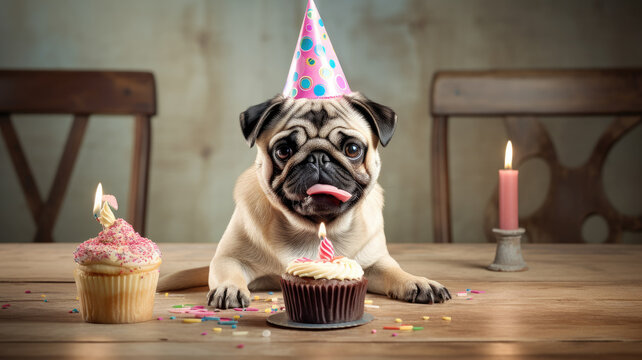 Funny dog with birthday cake and hat. Generative AI