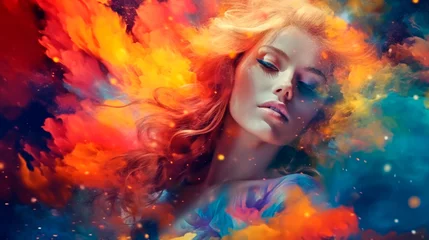 beautiful fantasy abstract portrait of a beautiful woman double exposure with a colorful digital paint splash or space nebula. Generative AI © Fantastic
