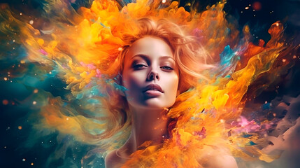 beautiful fantasy abstract portrait of a beautiful woman double exposure with a colorful digital paint splash or space nebula. Generative AI © Fantastic