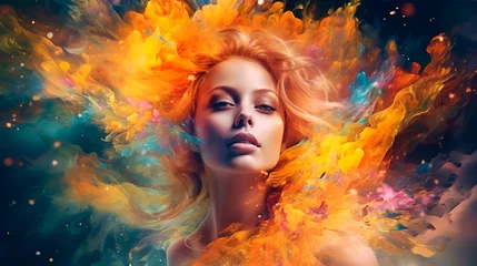 beautiful fantasy abstract portrait of a beautiful woman double exposure with a colorful digital paint splash or space nebula. Generative AI © Fantastic