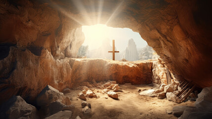 Empty Tomb With Crucifixion At Sunrise - Resurrection Concept