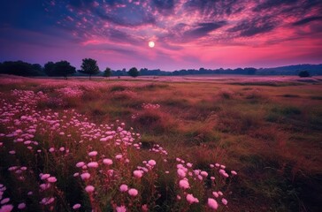 the sunset is over a field of pink flowers Generative Ai
