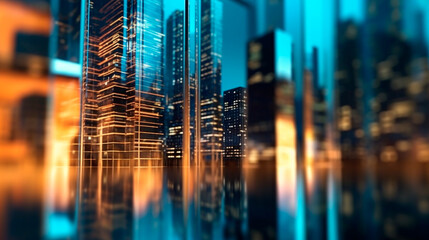 Background of future urban and corporate architecture. Real estate idea with bokeh, motion blur, and a reflection in a glass panel of a skyscraper facade. Generative AI