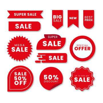 Set of vector red starburst, sunburst badges. Simple flat style vintage labels, stickers with sale discount text. Sale quality tags and labels. Template banner shopping badges