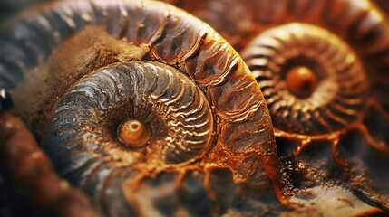 Ammonite shell closeup. Concept on topic of science, history, paleontology, archeology, geology. Generative AI colorful background