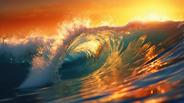 rough colorful ocean breaking surf wave falling down at sunset time