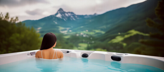 Sexy brunette woman or girl with long hair in a white swimsuit in a jacuzzi outdoors on the background of a forest and mountain landscape. Generative AI. - obrazy, fototapety, plakaty