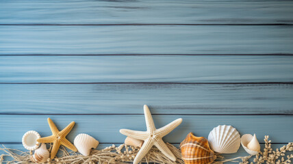 Fototapeta na wymiar Summer side border of sand, sea shells and star fish on blue wooden background