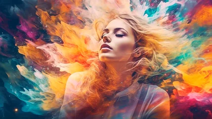 beautiful fantasy abstract portrait of a beautiful woman double exposure with a colorful digital paint splash or space nebula. Generative AI © Aram