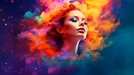 Obraz na płótnie Canvas beautiful fantasy abstract portrait of a beautiful woman double exposure with a colorful digital paint splash or space nebula. Generative AI