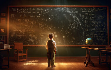 Ingenuous Boy at the brink of discovery or way ahead of his class. The next Einstein. - obrazy, fototapety, plakaty
