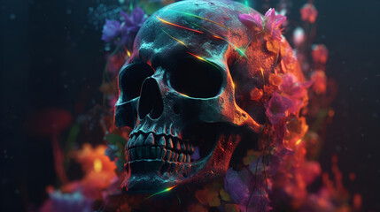 Fantasy human skull with flowers with colorful fantastic neon light. Generative AI